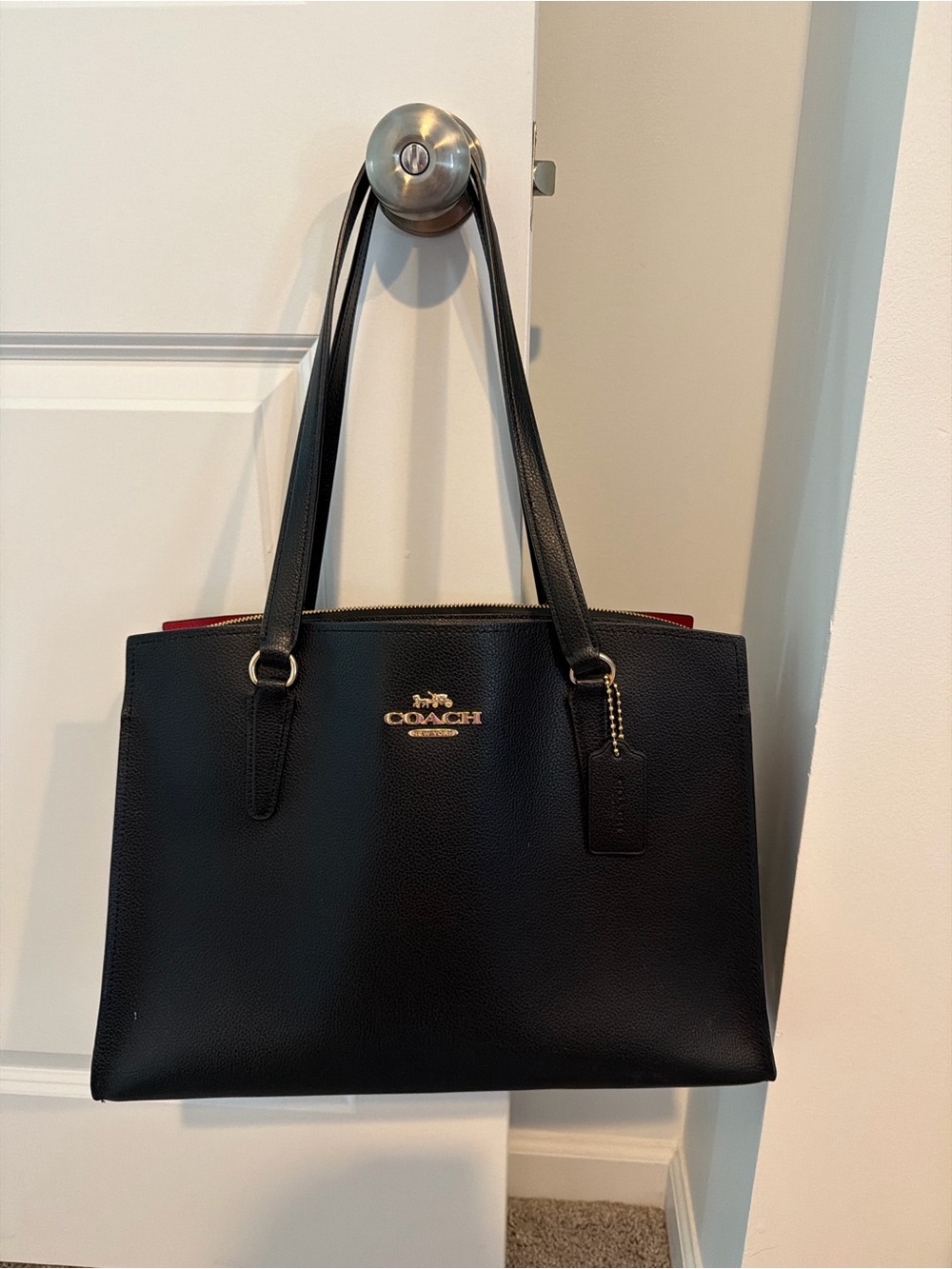 Coach Black Pebbled Leather Zip Top Tote Bag Red Interior Gold Hardware
